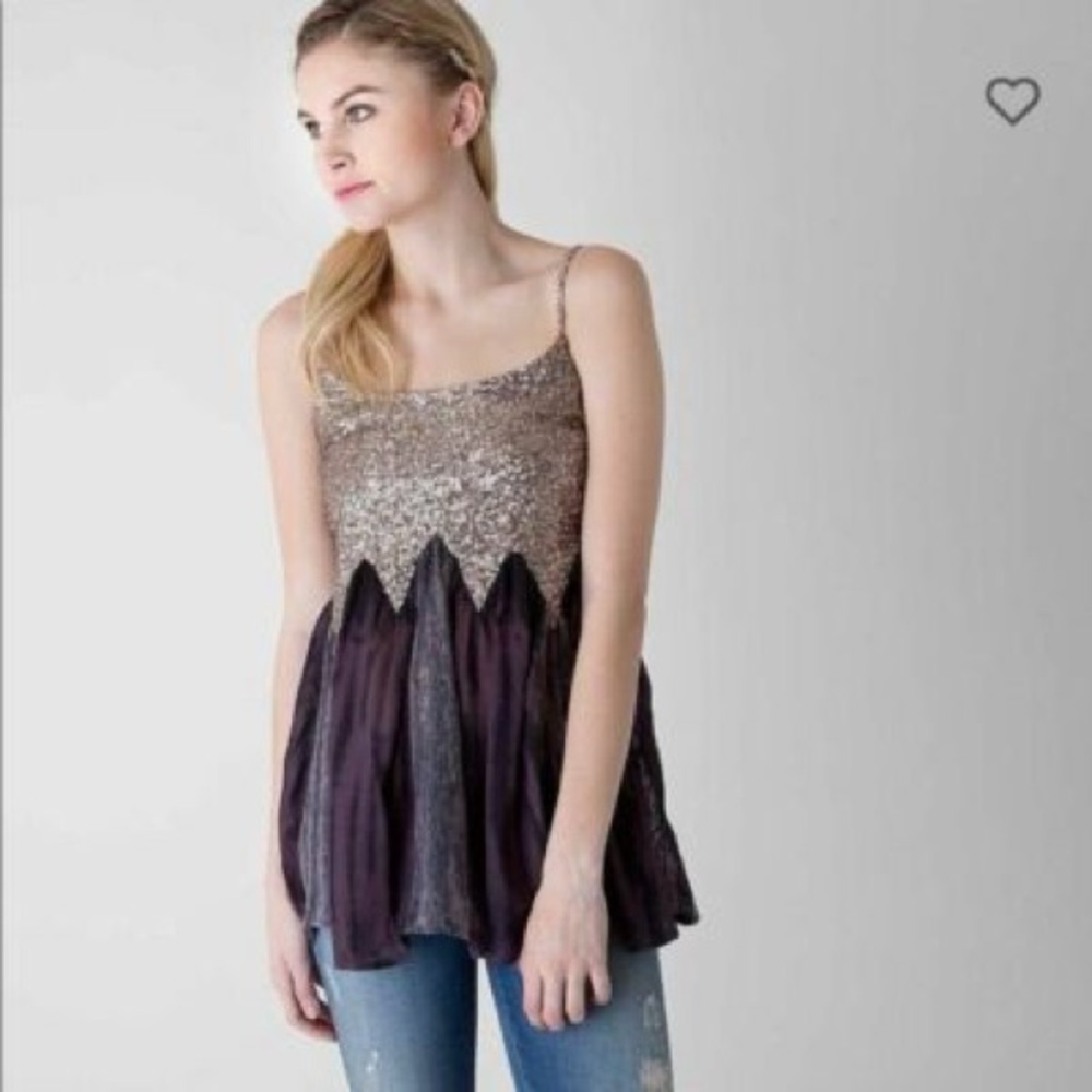 Buckle top, BKE.  Size xs, sequin, lace. Gold and purple.